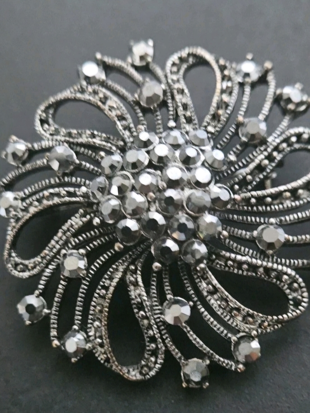 Vtg Marcasite Style Gun Metal Gothic Victorian Mourning Steampunk Brooch
